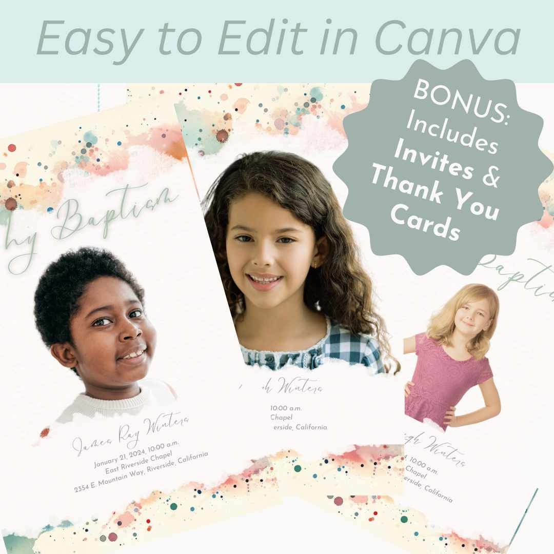 LDS Baptism Program Kit: Canva Template, Invite & Thank You Cards