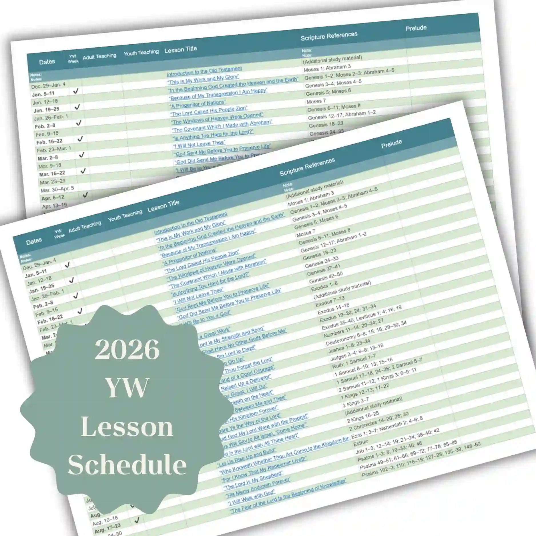 2026 YW Lesson Schedule with CFM Lesson Links